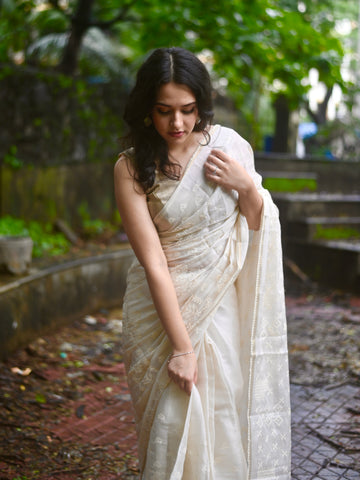 Vanilla Soft Satin Saree with Fusion Embroidery CSE Geetha Creation